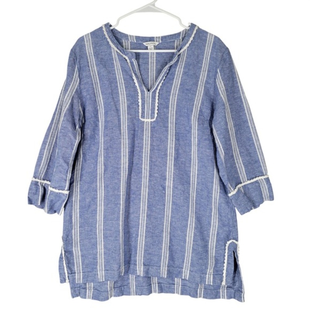 Nautica‎ Tunic Top Womens Large Blue Linen Cotton Striped Coastal Boho